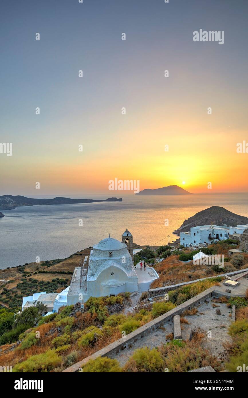 Panagia Thalassitra church from the Plaka castle at sunset, Milos island, Greece Stock Photo