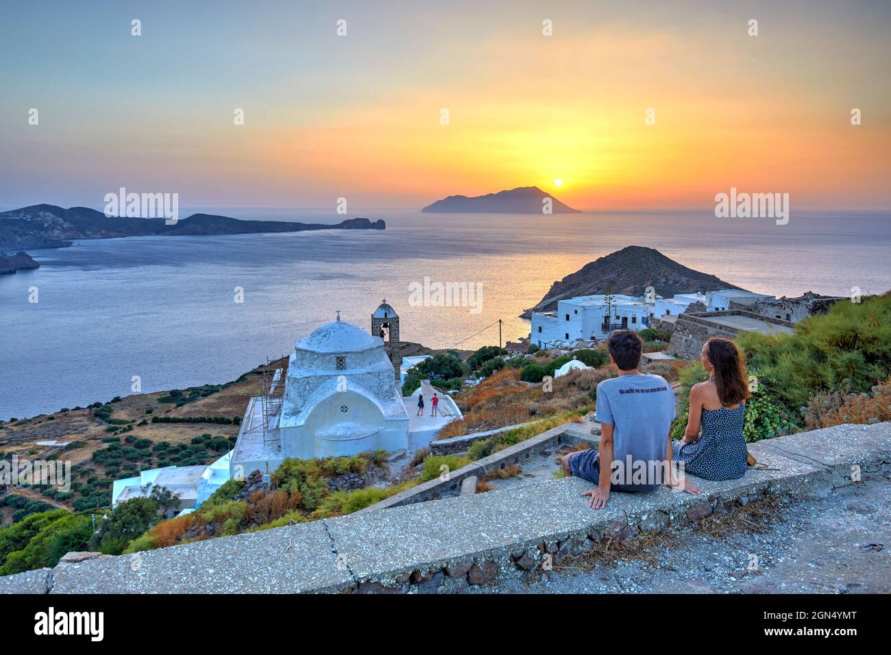Panagia Thalassitra church from the Plaka castle at sunset, Milos island, Greece Stock Photo