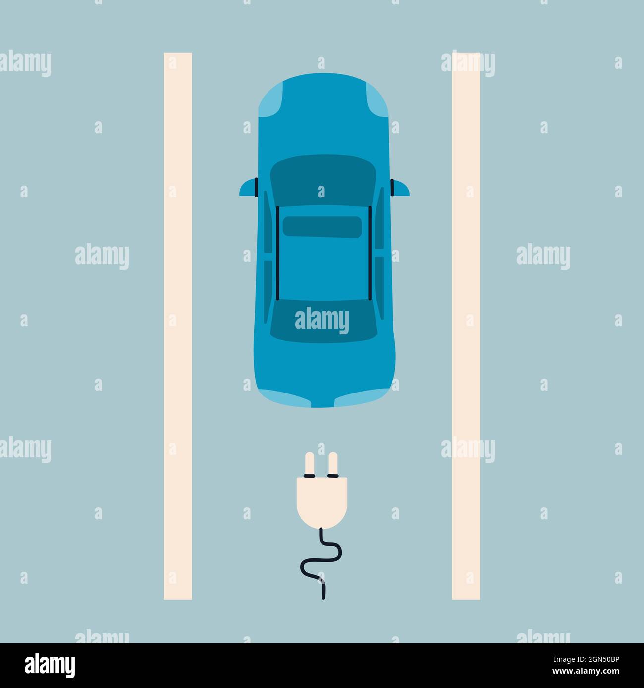 Electro car top view. Charging symbol or icon. Stock Vector
