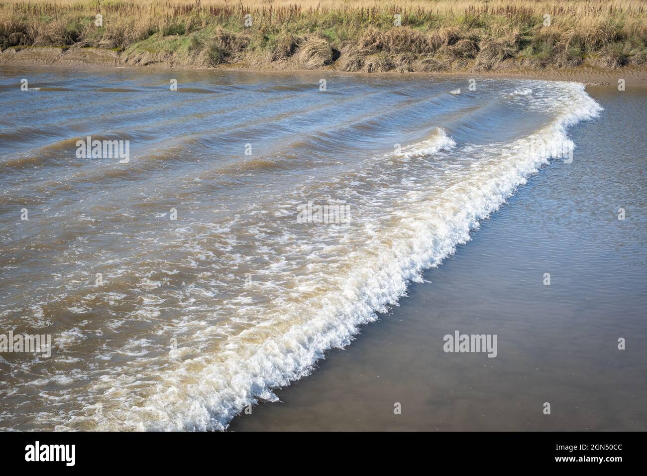 Closer view view of the tidal bore at Kingholm Quay, Dumfries and Galloway, Scotland, September 2021. Stock Photo