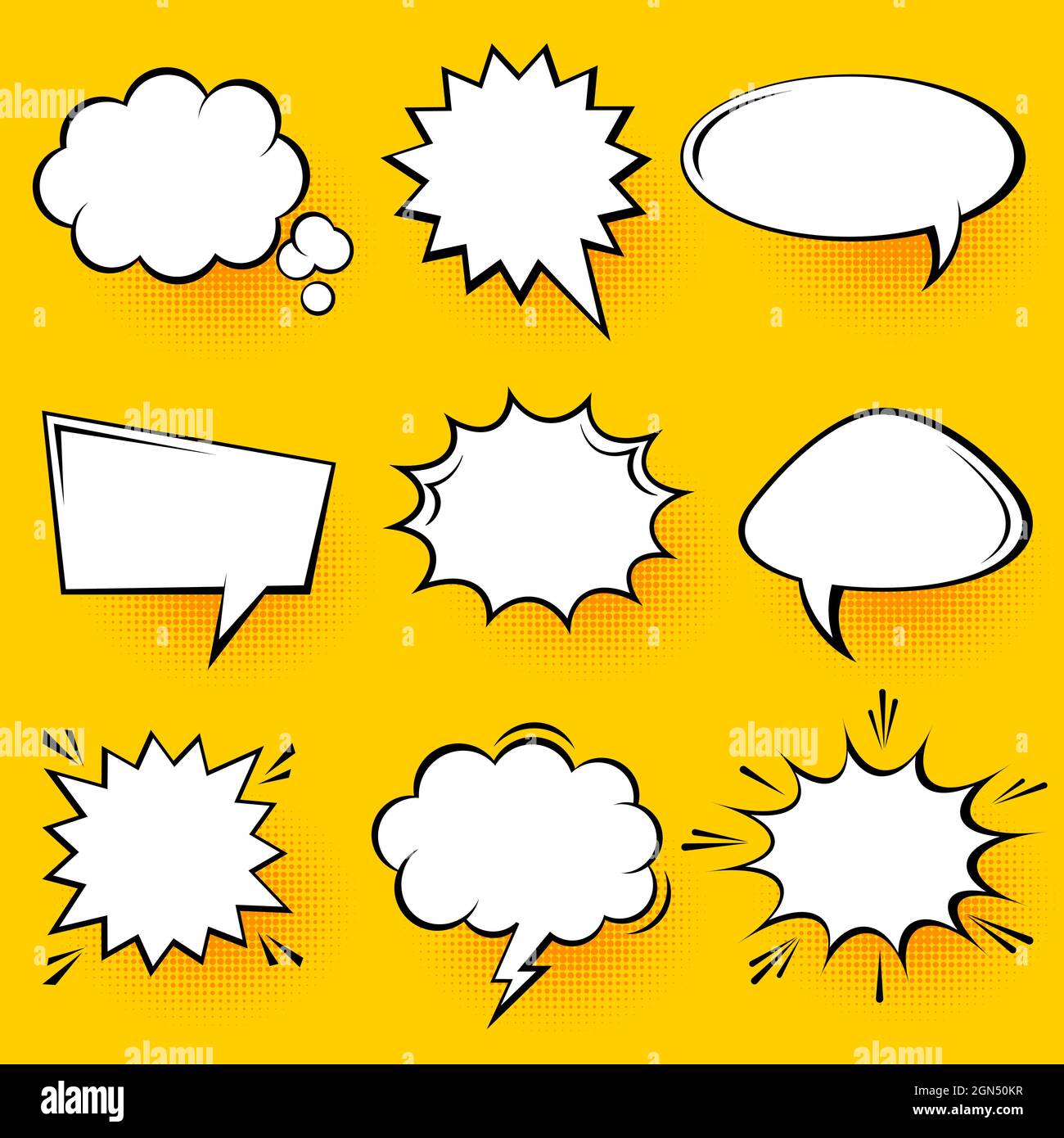 Blank comic speech bubbles with halftone shadows on yellow background ...