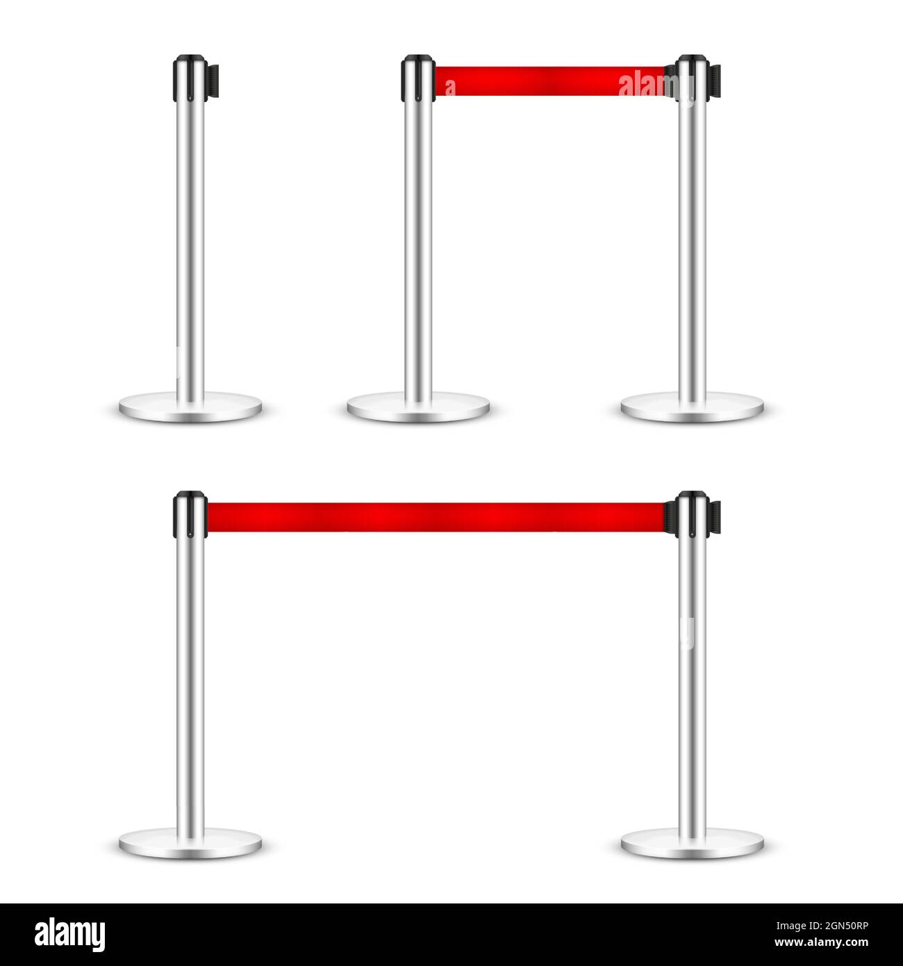 Realistic vector retractable belt stanchion. Crowd control barrier