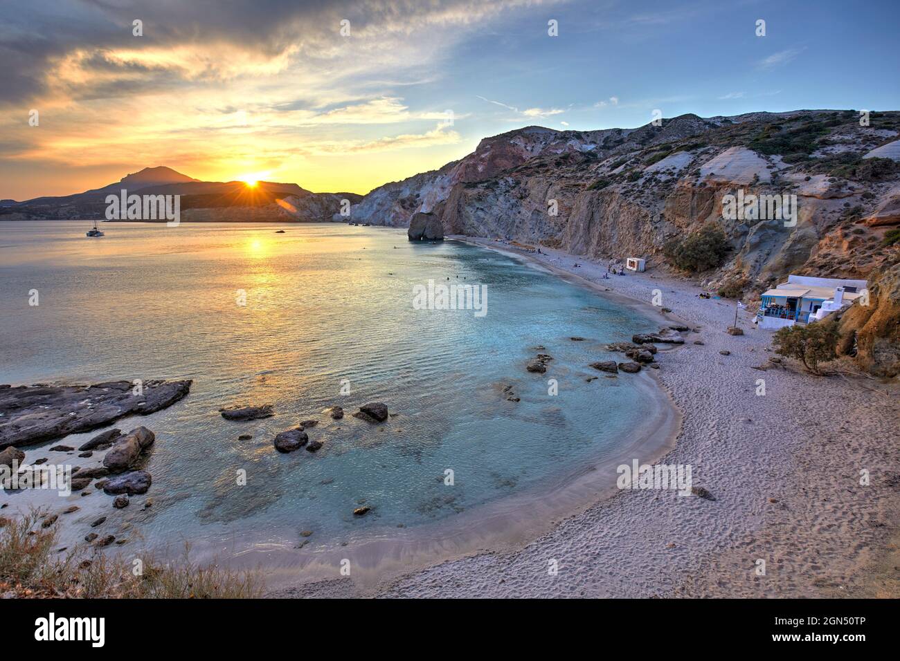 Elevated view of Fyrinaka beach at sunset, Milos, Greece Stock Photo
