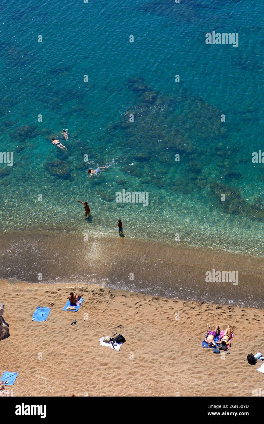 Elevated view of the golden Paliochori beach, Milos, Greece Stock Photo