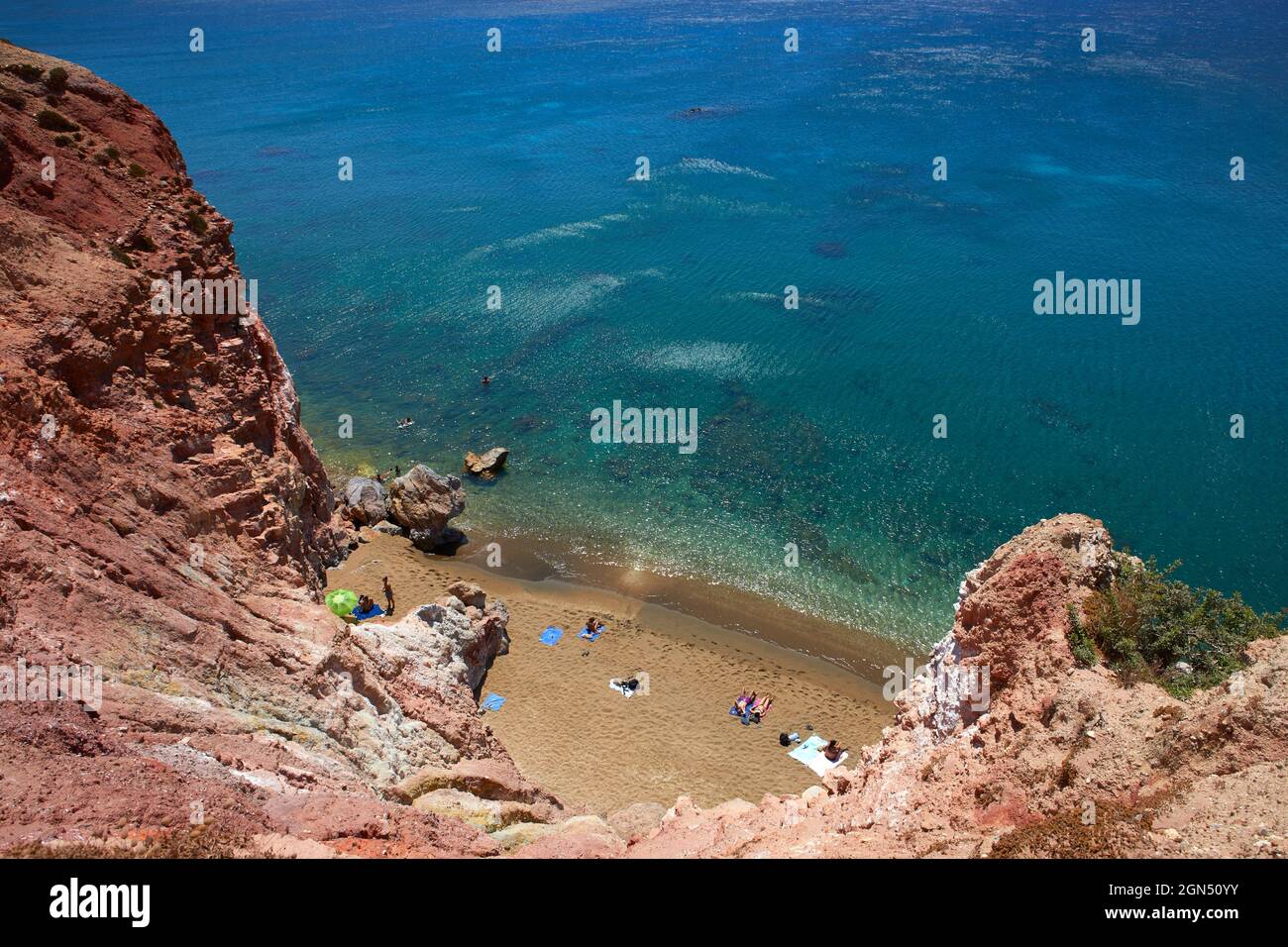 Elevated view of the golden Paliochori beach, Milos, Greece Stock Photo