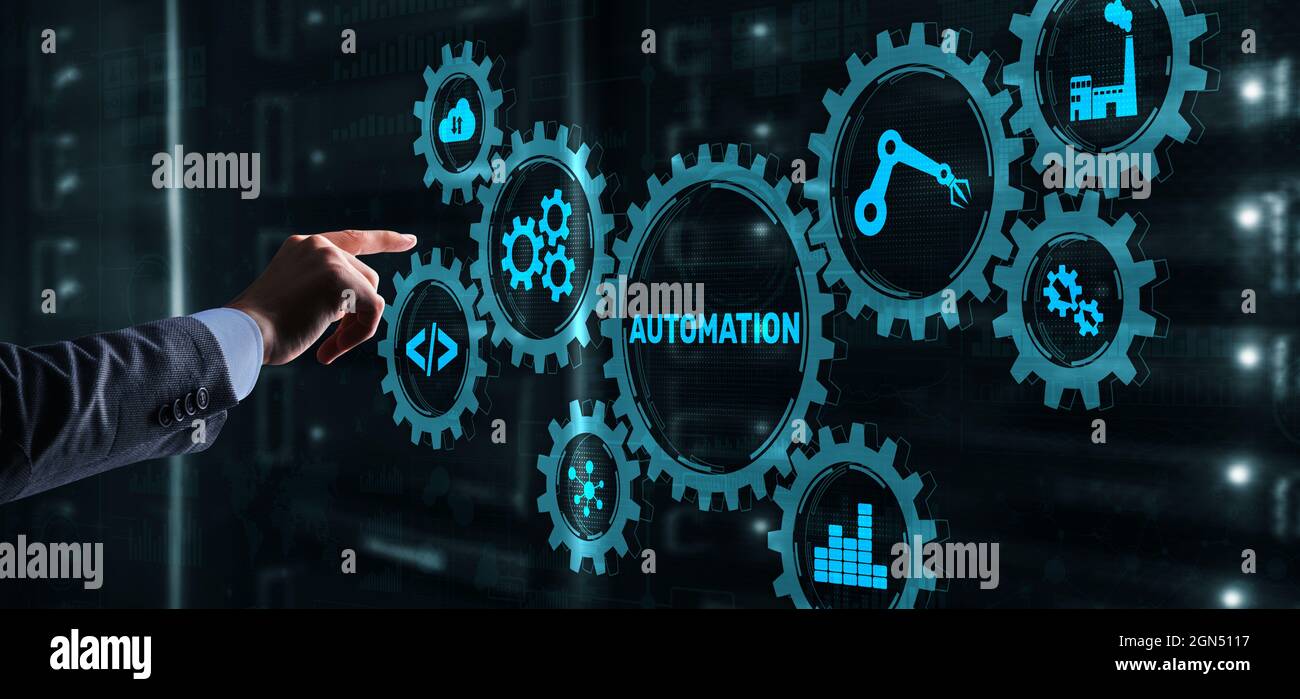 Automation Process Screen Automation Technology Process. Businessman is pressing on the virtual ...