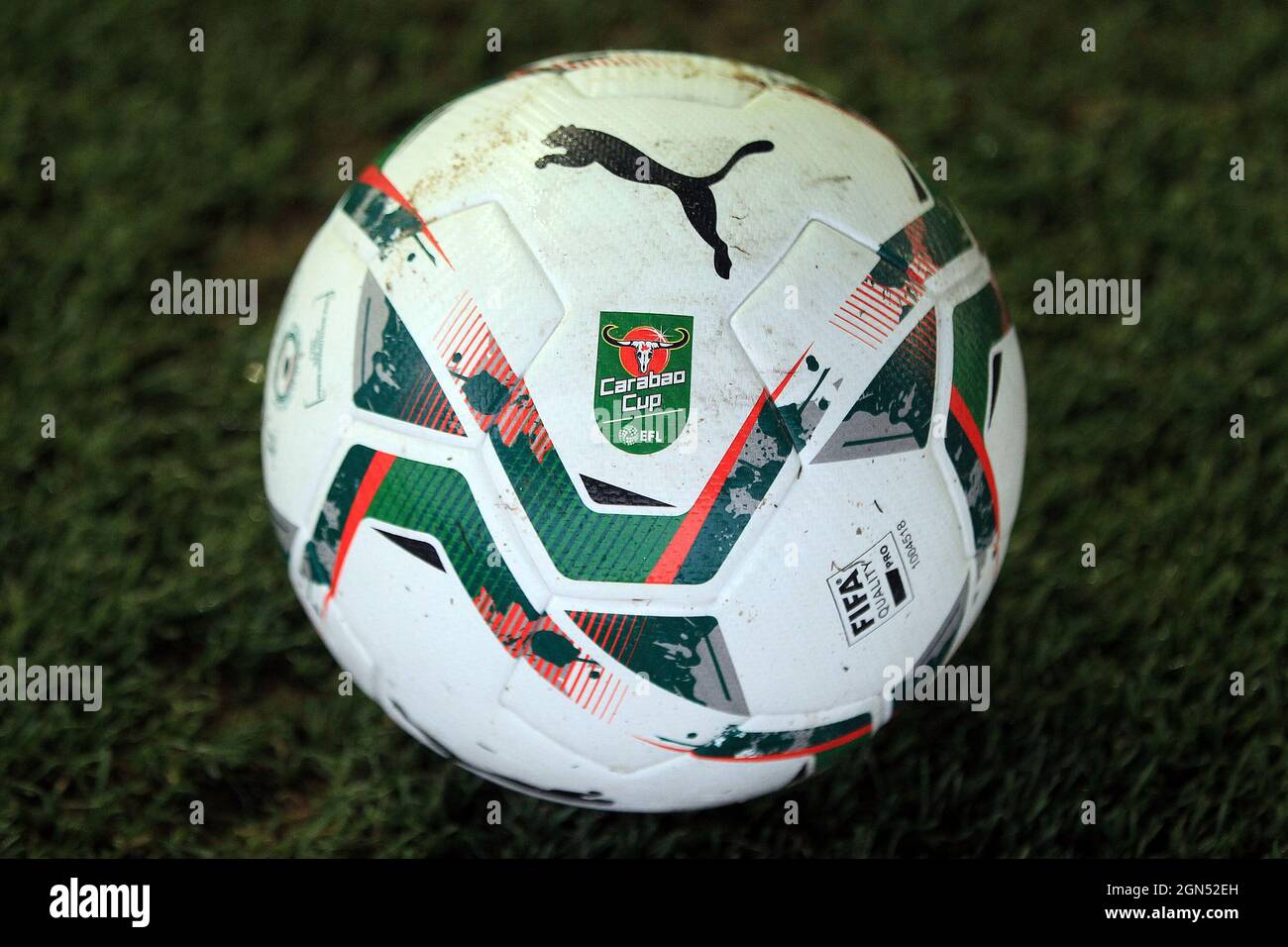 London, UK. 22nd Sep, 2021. The official Carabao Cup match ball is pictured on the grass. Carabao cup 3rd round match, Millwall v Leicester City at the Den in London on Wednesday 22nd September 2021. this image may only be used for Editorial purposes. Editorial use only, license required for commercial use. No use in betting, games or a single club/league/player publications. pic by Steffan Bowen/Andrew Orchard sports photography/Alamy Live news Credit: Andrew Orchard sports photography/Alamy Live News Stock Photo