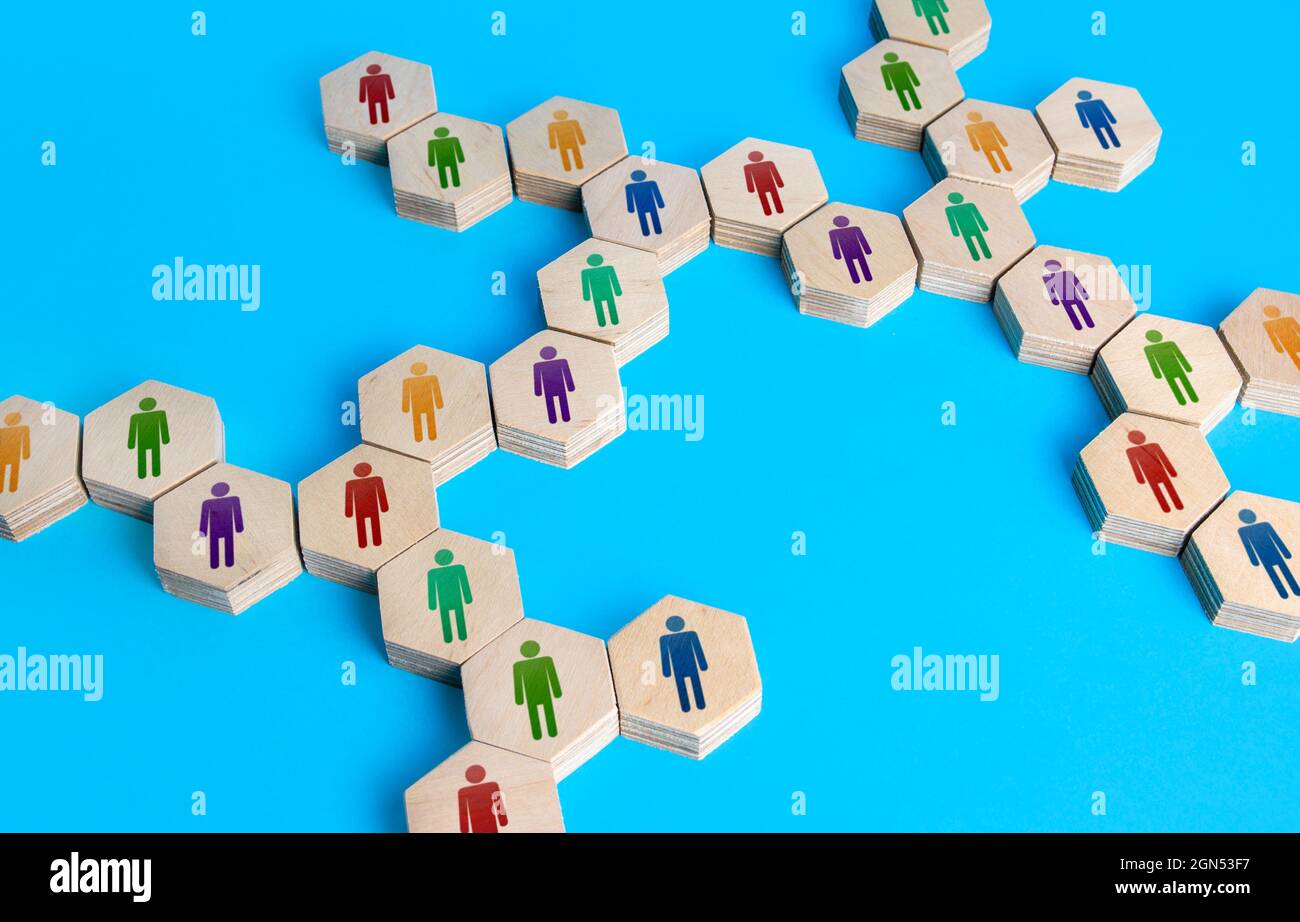 Chain of communicating people. Cooperation for solving tasks. Unity and diversity. Networking. Multiculturalism. Connecting a group of people, uniting Stock Photo
