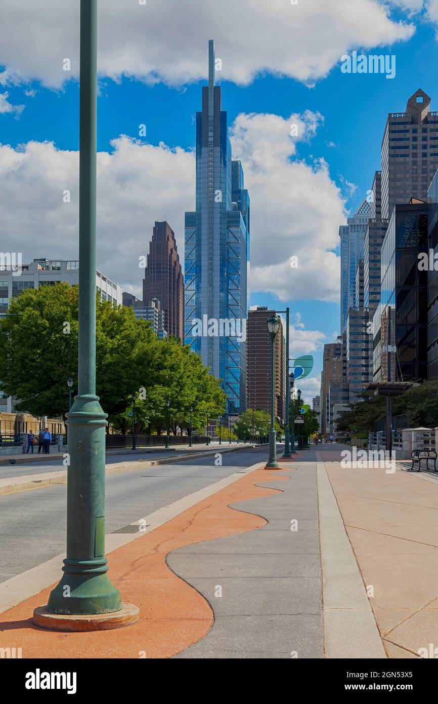 View east along JFK Boulevard Bridge from University City. Three central buildings are Three Logan Square, Comcast Technology Center and Kennedy House. Stock Photo