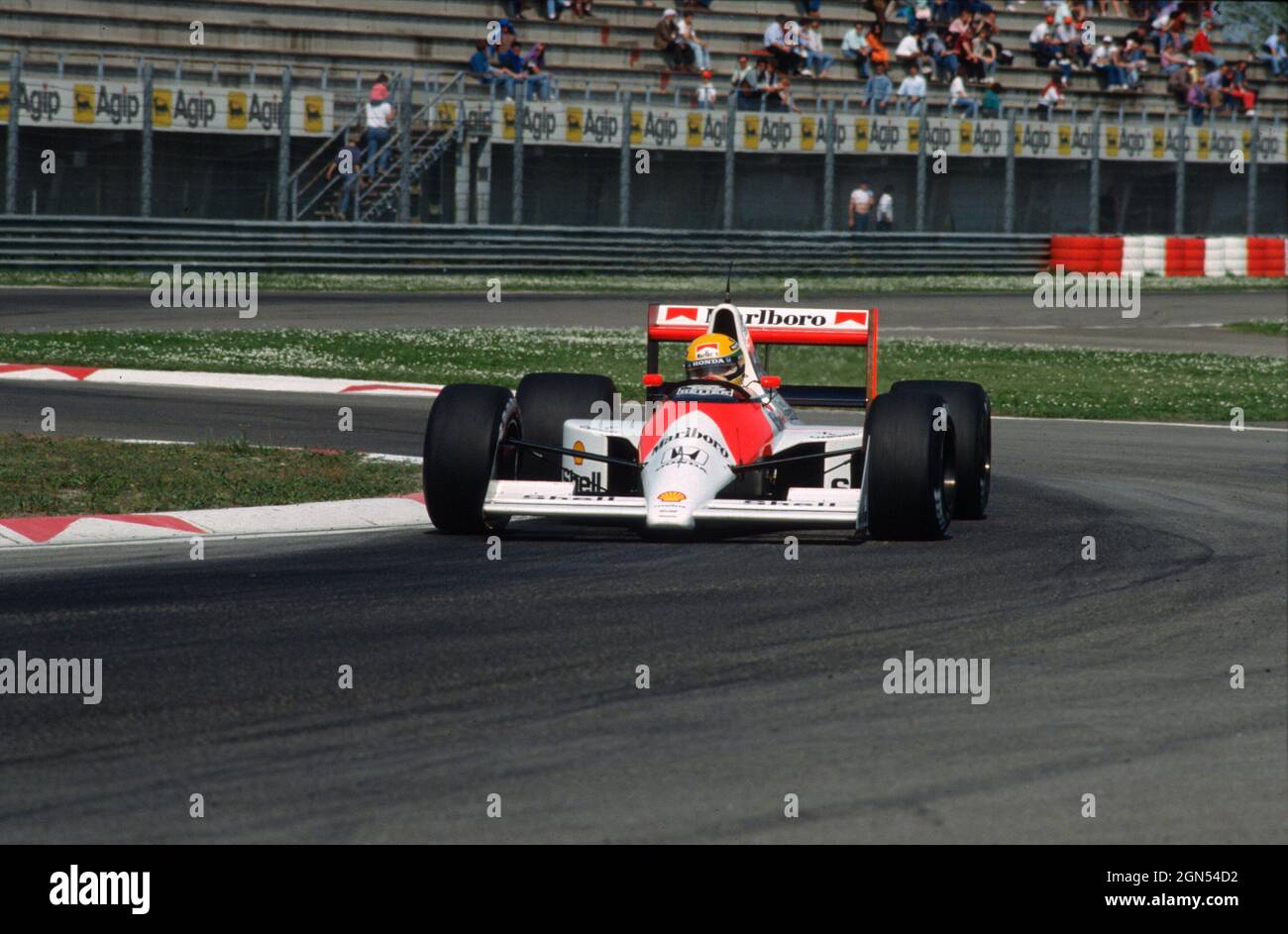 Imola, April 1990: Ayrton Senna on McLaren MP4/5b during free practice at the Imola circuit in preparation for the San Marino Grand Prix. Italy Stock Photo