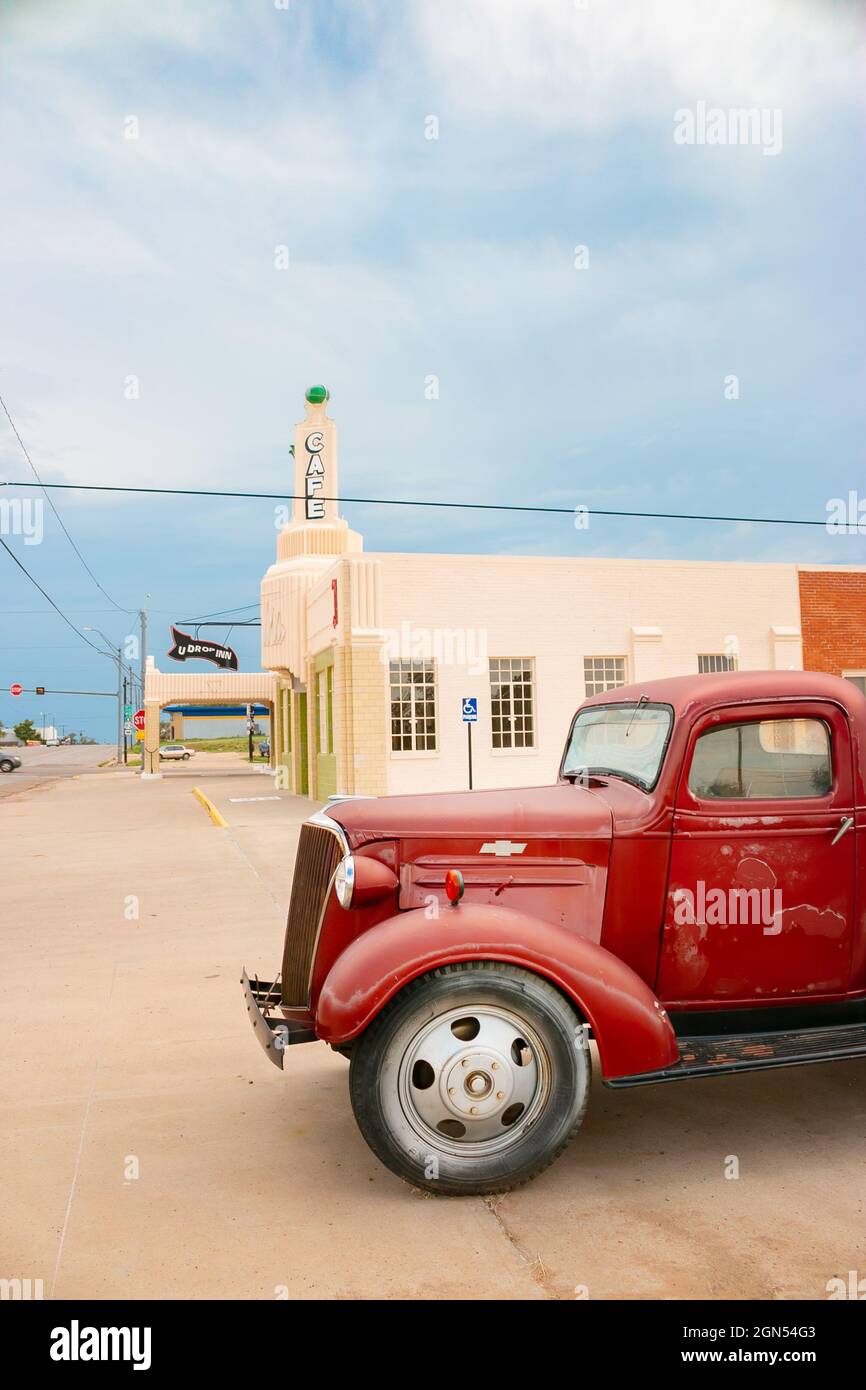 red vintage Chevrolet Chevy truck in front of U drop Inn Art Deco gas ...
