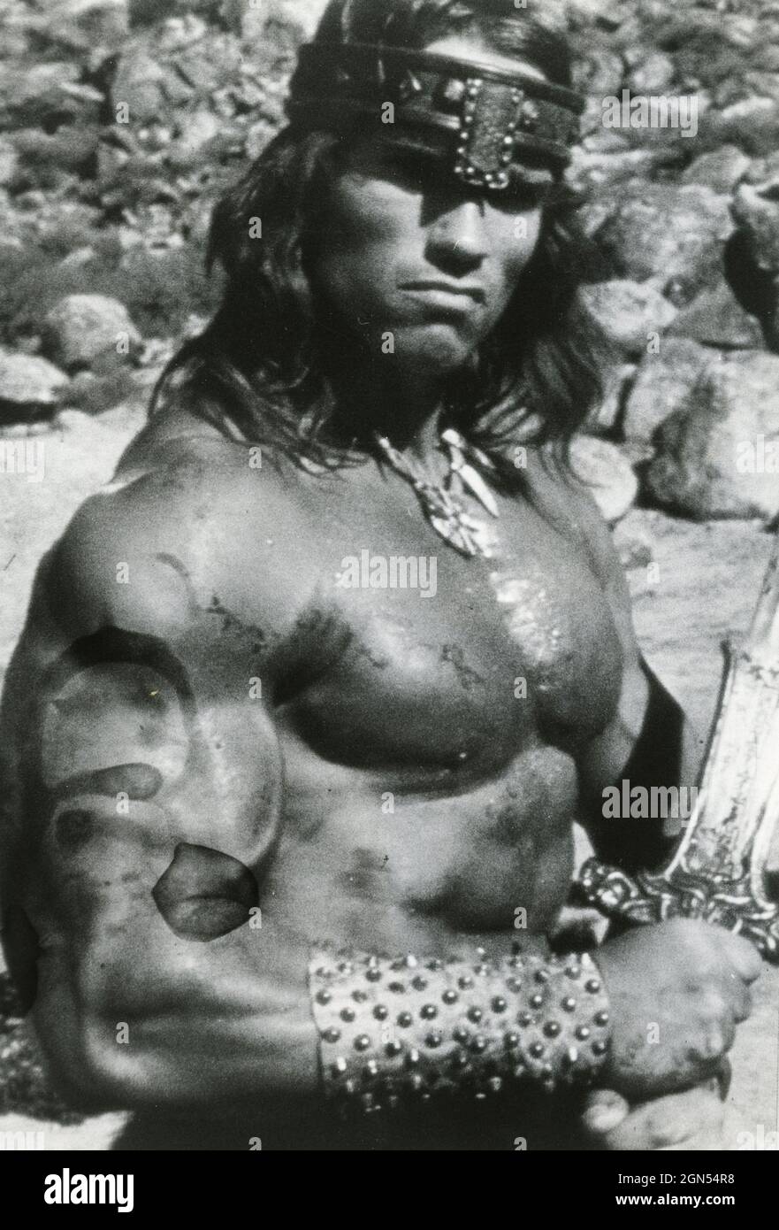 American actor and politician Arnold Schwarzenegger in the movie Conan The Barbarian, 1982 Stock Photo