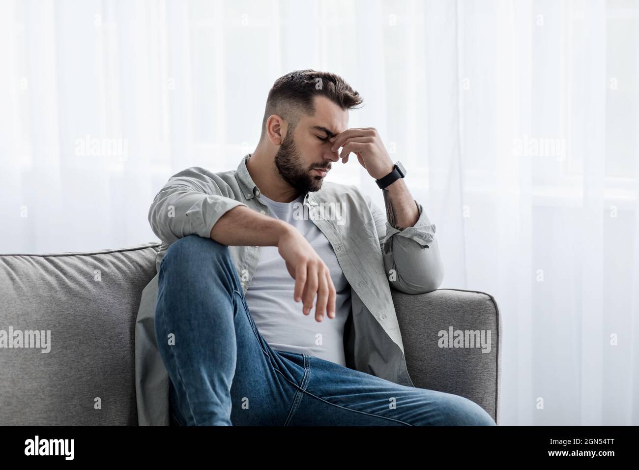 Fatigue, shame, stress, depression and overwork, person takes break from problems and tries to recover Stock Photo