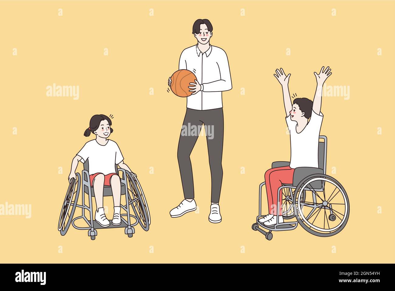 Happy active lifestyle of disabled children concept. Young smiling coach man standing with ball near disabled children on wheelchairs sitting waiting for game vector illustration  Stock Vector
