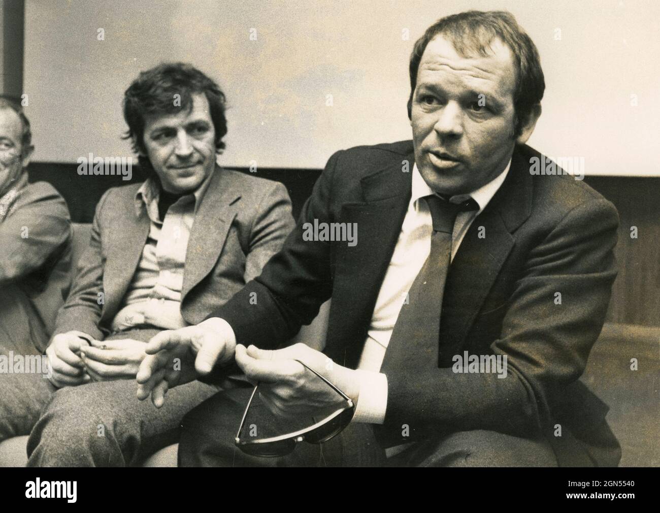 Greek-French movie director Costa Gavras and Italian actor Renato Salvatori, 1970s Stock Photo