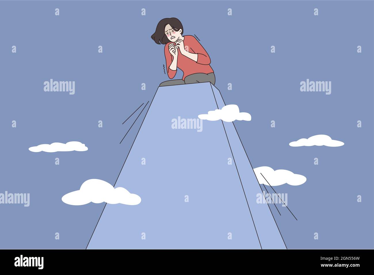 Acrophobia and fear of heights concept. Young stressed woman cartoon