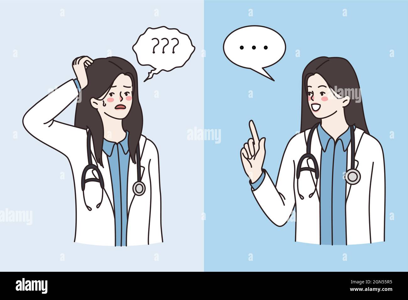 Medical worker expressing various emotions concept. Young woman doctor cartoon character standing expressing frustration and saying something vector illustration  Stock Vector