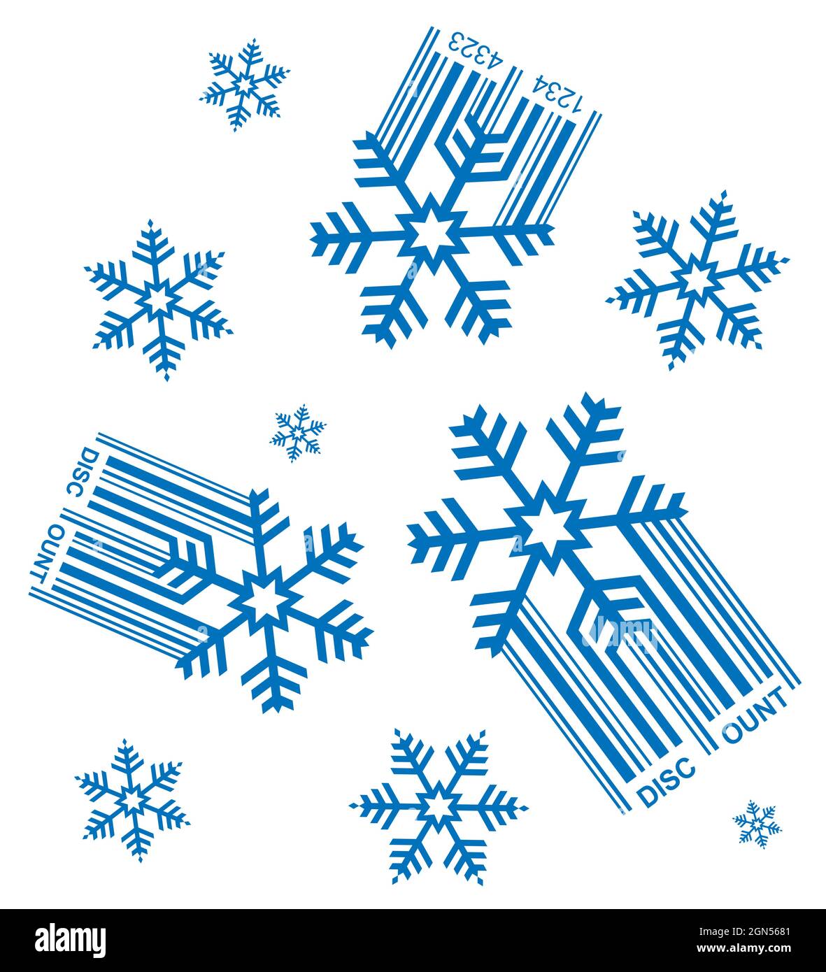 Snowfall of discounts, decoratice background. Illustration of snowflakes with ean code symbolizing falling prices. Vector available. Stock Vector