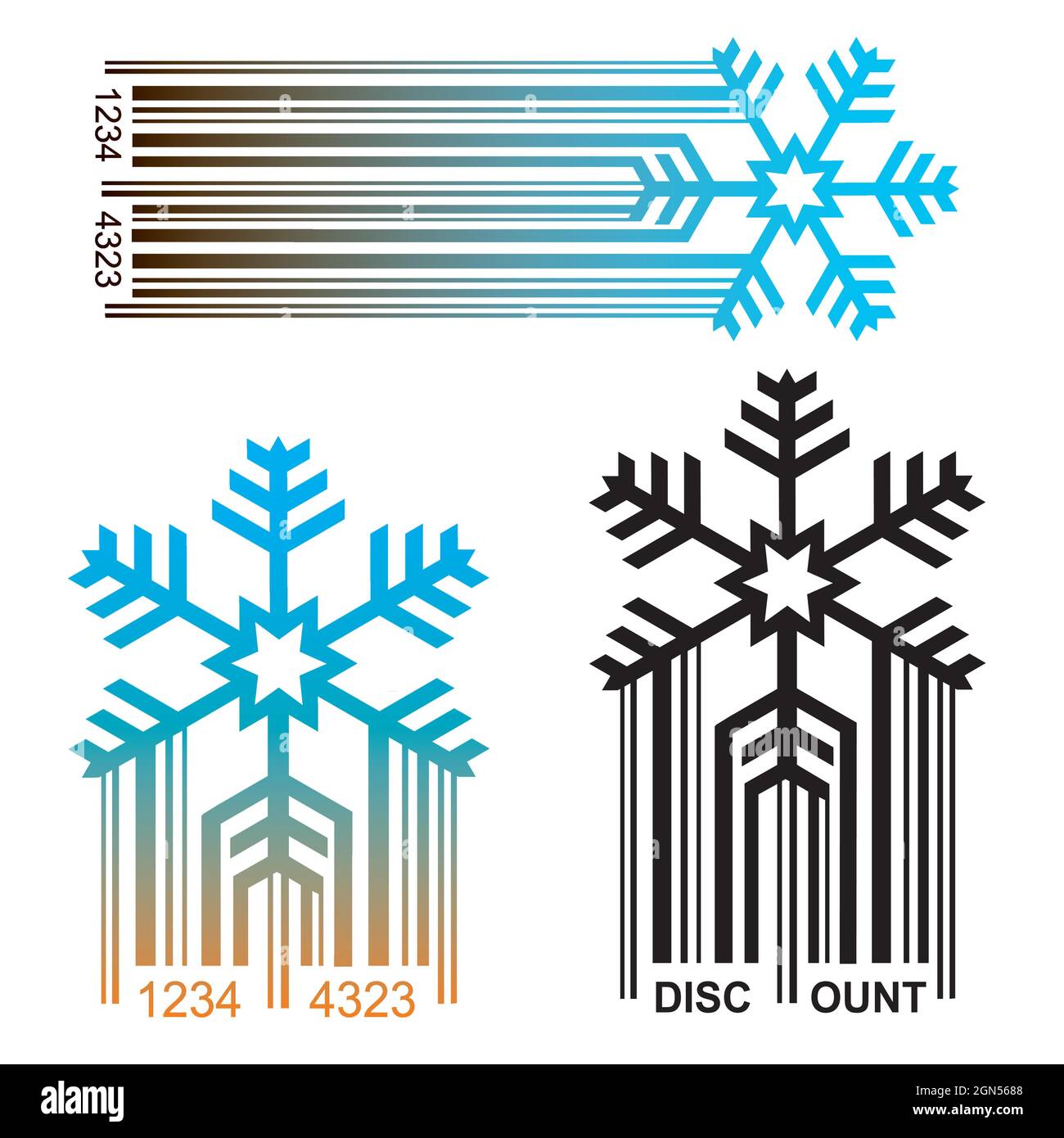 Snowflake,original BAR code, discount concept. Symbol of snowflake with ean code symbolizing price discounts. Vector available. Stock Vector