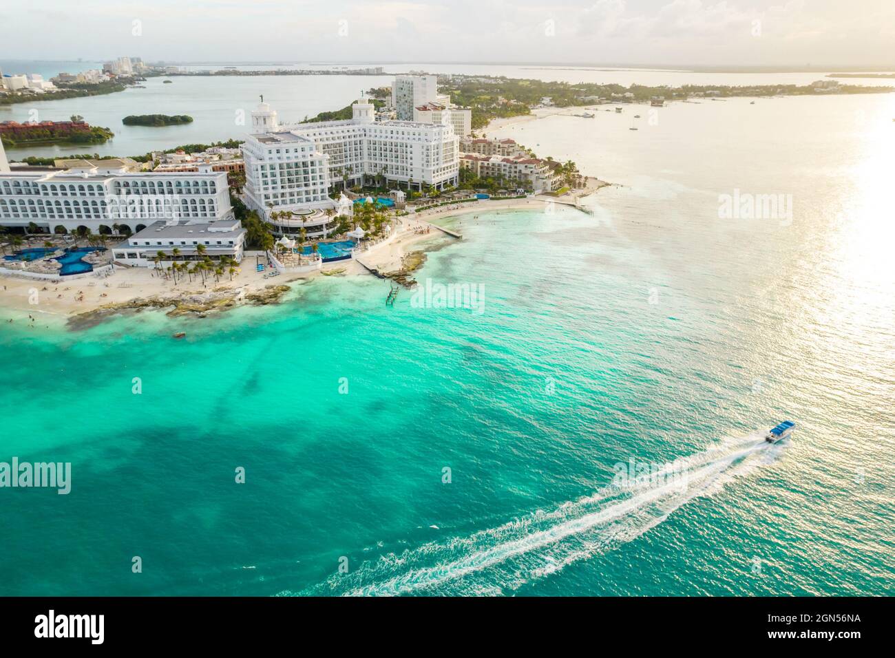Aerial panoramic view of Cancun beach and city hotel zone in Mexico. Caribbean coast landscape of Mexican resort with beach Playa Caracol and Kukulcan Stock Photo