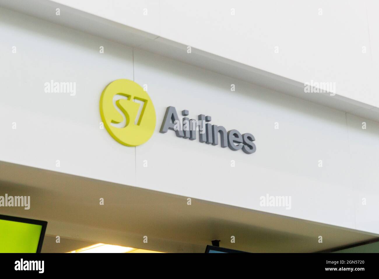 Saint Petersburg, Russia - 15 May 2019: S7 Airlines logo in Pulkovo Airport Stock Photo