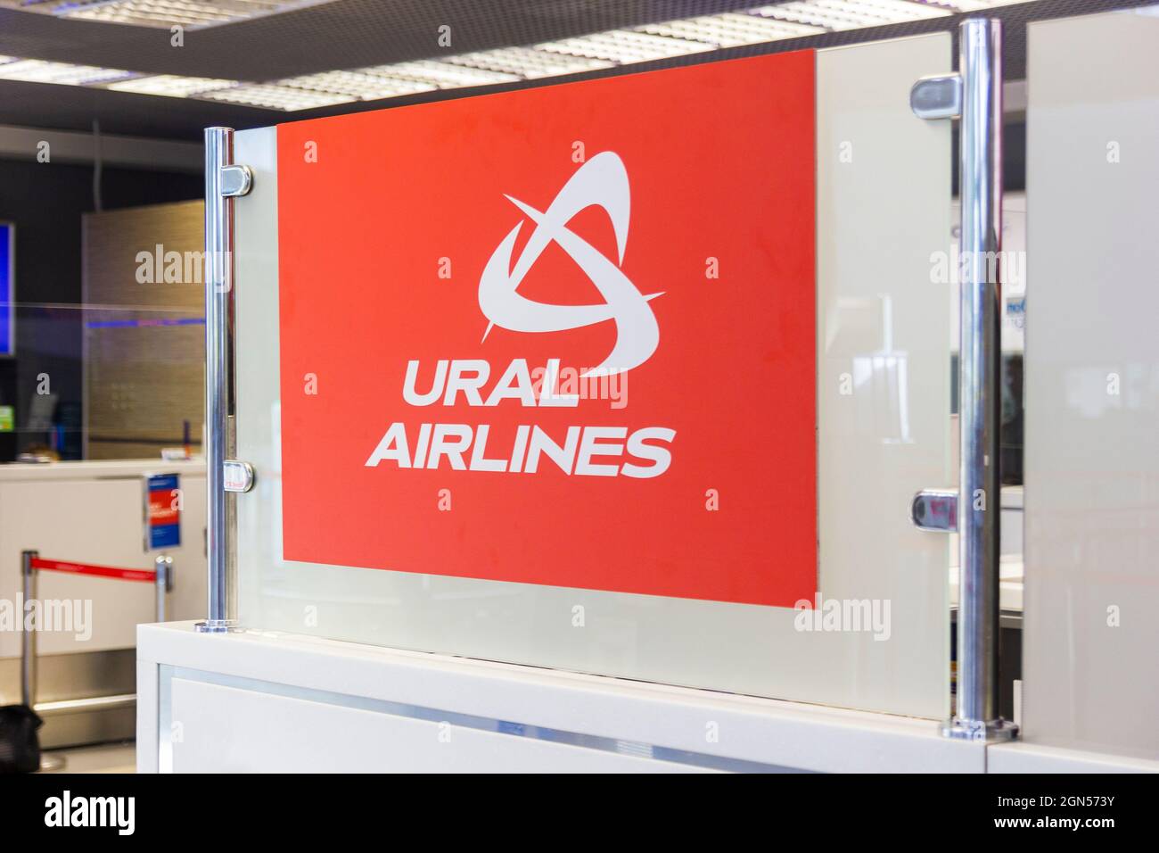 Saint Petersburg, Russia - 15 May 2019: Ural Airlines logo in Pulkovo Airport Stock Photo
