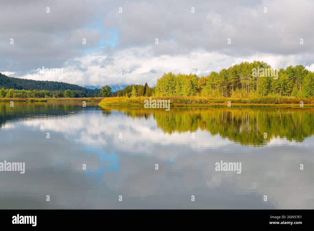 Autumn tree colors reflection by Oxbow Bend and Snake river, Grand Teton national park, Wyoming, USA. Stock Photo