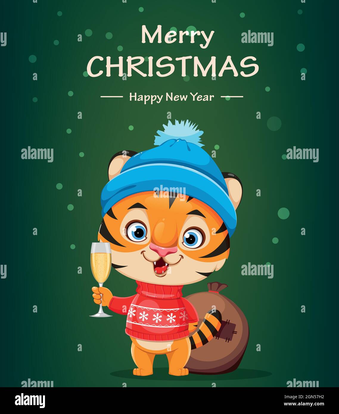 Merry Christmas greeting card. Cute cartoon character tiger in warm hat holding a glass of champagne. Stock vector illustration Stock Vector