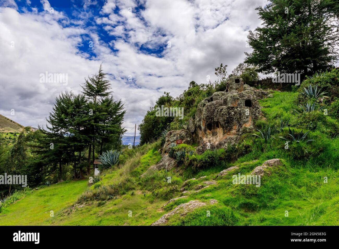 Left Side view of the 'Las Ventanillas de Otuzco' archaeological site in Baños del Inca district from Cajamarca province, Peru on a sunny day Stock Photo