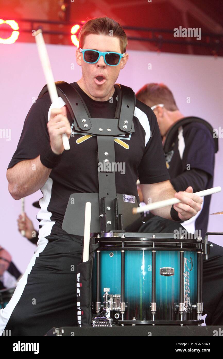 The 49ers drumline, Niner Noise, perform at the NFL fan rally in