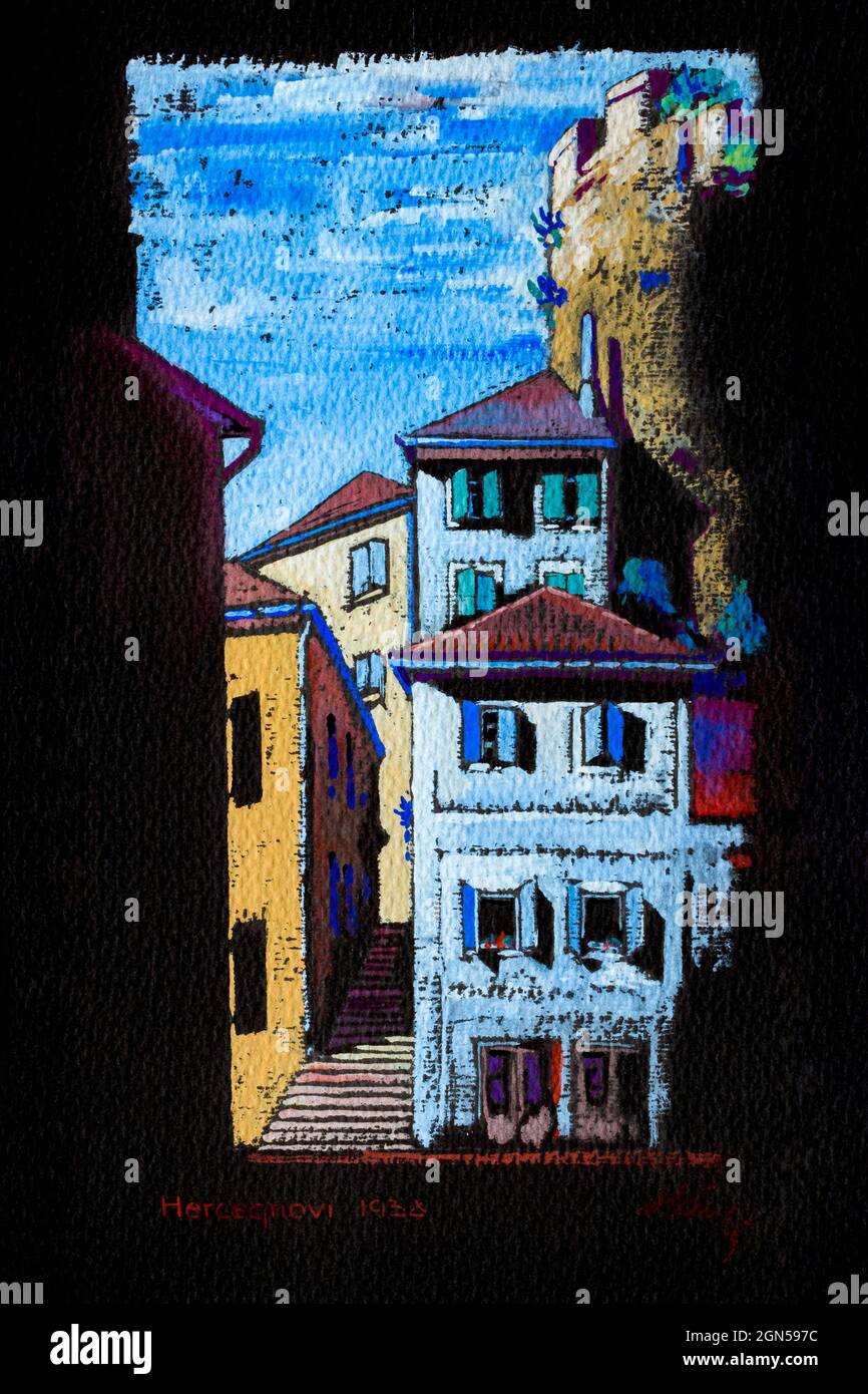 Old houses of Herceg Novi, Montenegro, painted Gyorgy Hars in 1938 Stock Photo