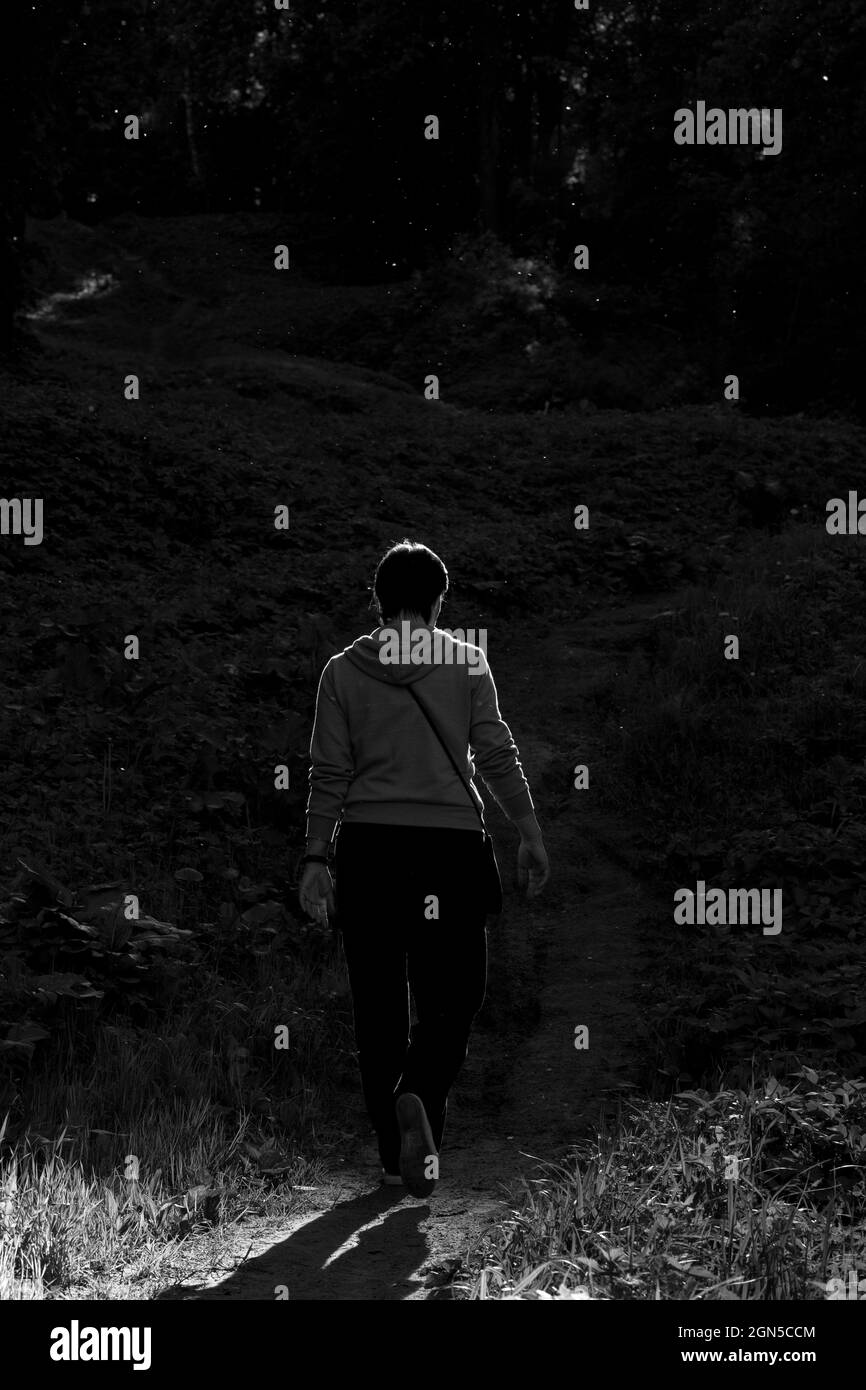 Rear view of woman walking in the forest. Black and white photo Stock ...