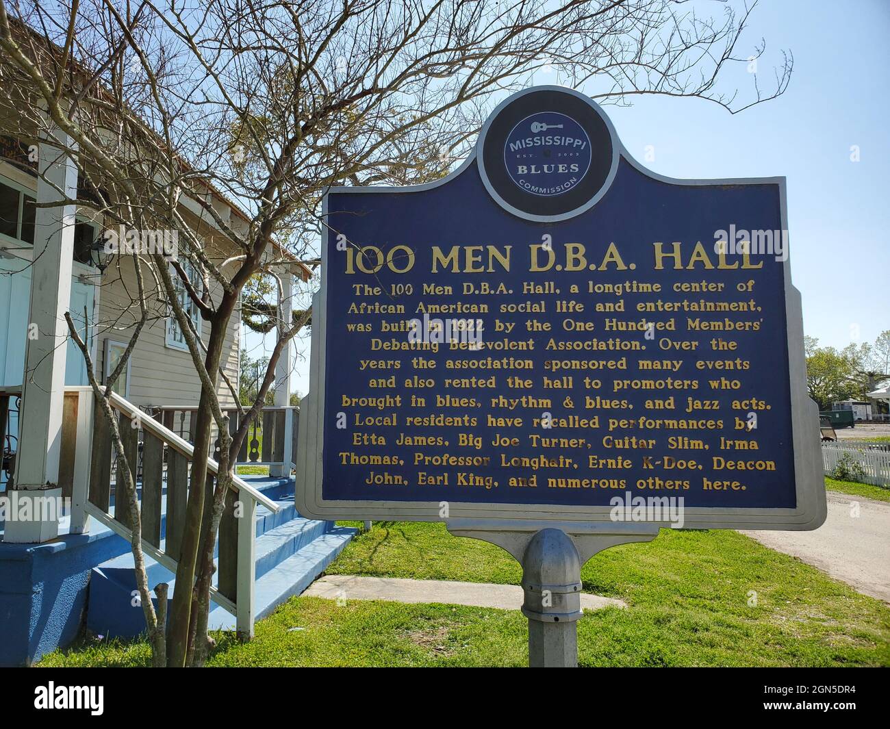 Mississippi Blues Trail marker outside the historic Chitlin Circuit venue, the 100 Men D.B.A. Hall, in Bay. St. Louis, Mississippi. Stock Photo