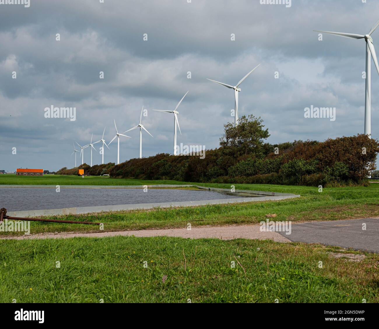 Wind turbines on agricultural farmland landscape in Petten (The Netherlands) Stock Photo