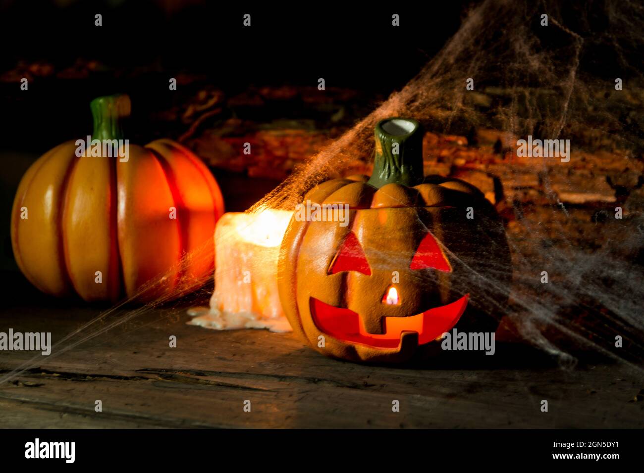 decoration for the celebration of hallowen with pumpkins, spiders