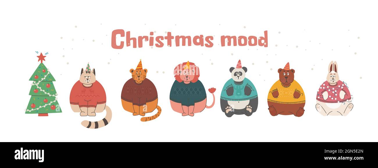Christmas mood. Sad and grumpy animals, but cute bunnies, lion, bear, tiger, cat and panda in Christmas sweaters. Vector isolated elements for New Stock Vector