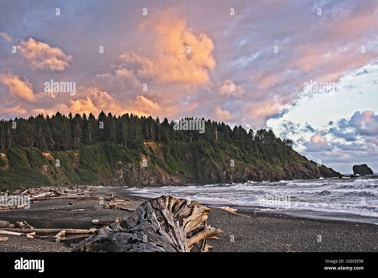 Sunset And Driftwood - At the Quileute Oceanside Resort in La Push, Washington, looking south along the shore at sunset. Stock Photo