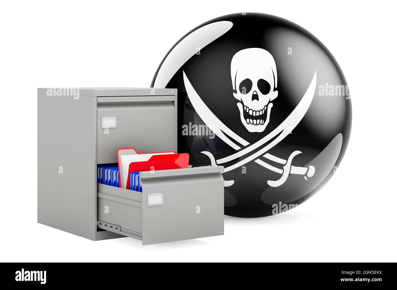 Folders in filing cabinet with piracy flag, 3D rendering isolated on ...