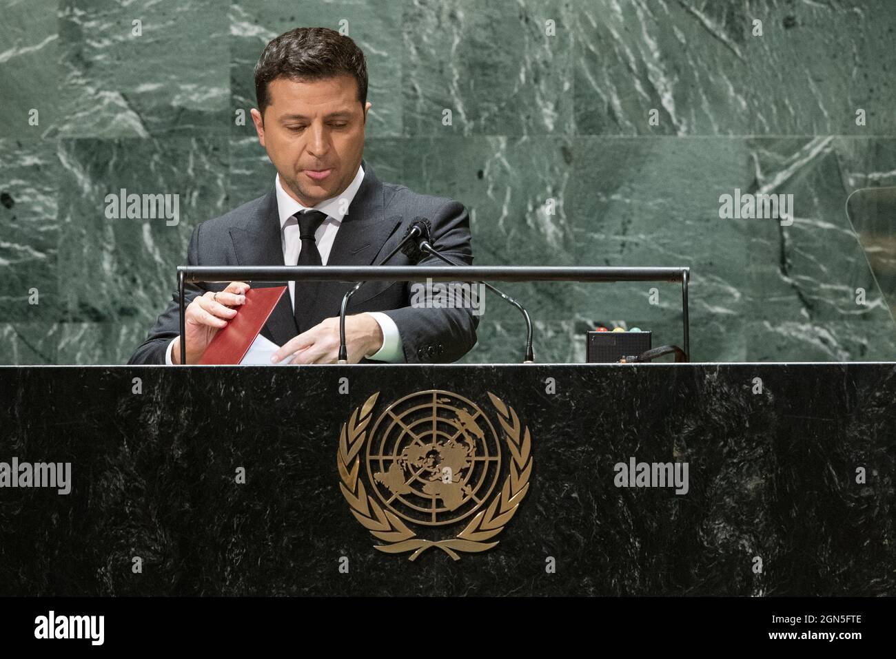 New York, United States. 22nd Sep, 2021. Ukraine's President Volodymyr Zelenskiy gets ready to depart after addressing the UN General Assembly 76th session General Debate in UN General Assembly Hall at the United Nations Headquarters on Wednesday, September 22, 2021 in New York City. Pool Photo by Eduardo Munoz/UPI Credit: UPI/Alamy Live News Stock Photo