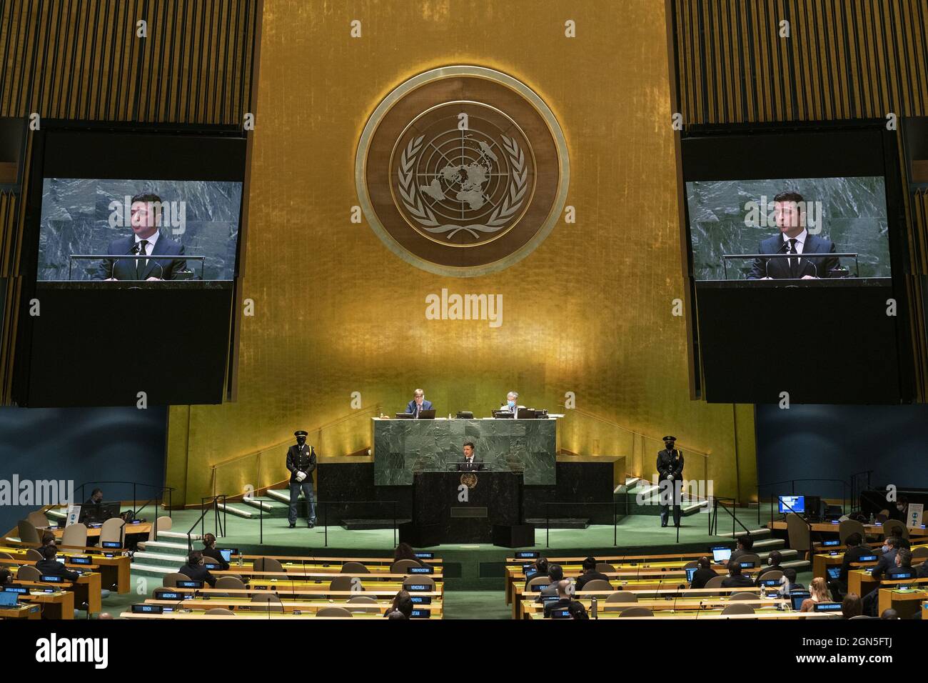 New York, United States. 22nd Sep, 2021. Ukraine's President Volodymyr Zelenskiy addresses the UN General Assembly 76th session General Debate in UN General Assembly Hall at the United Nations Headquarters on Wednesday, September 22, 2021 in New York City. Pool Photo by Eduardo Munoz/UPI Credit: UPI/Alamy Live News Stock Photo