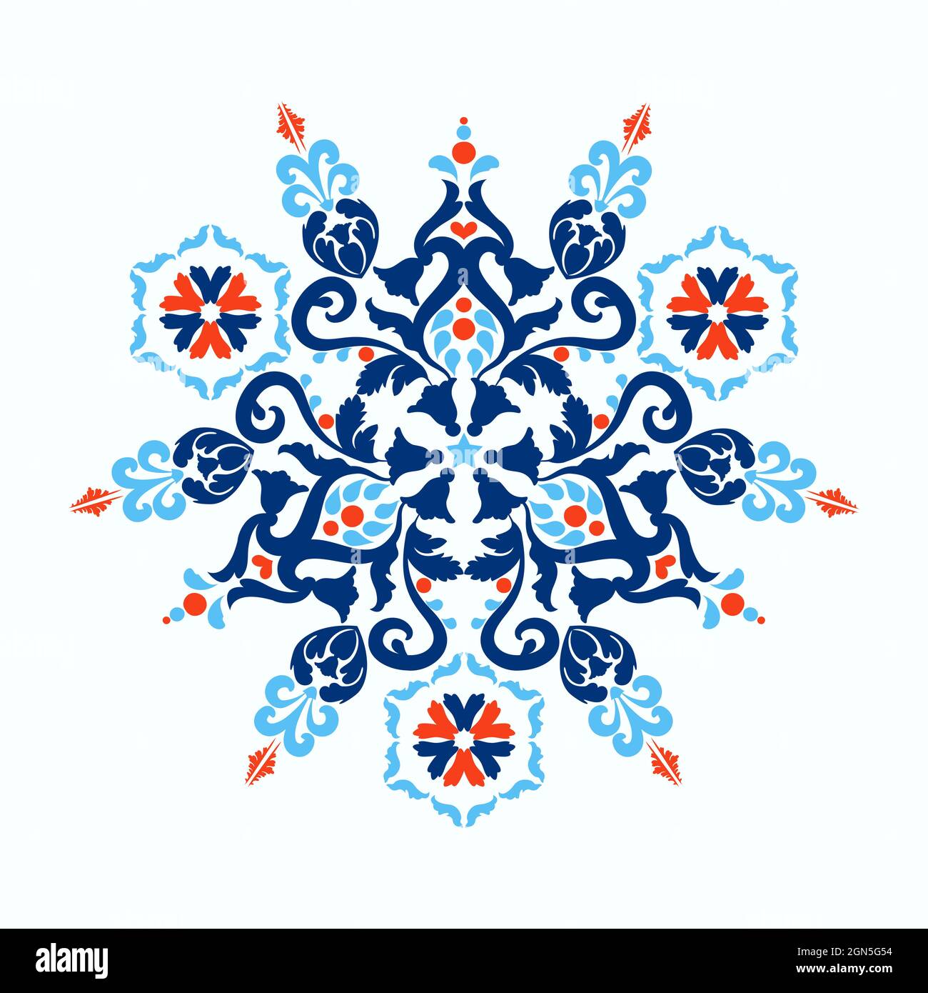 Vintage damask pattern with floral elements. Arabesque ornament. Blue, red, white colors. Decorative tiles with ornaments. Vector illustration. Stock Vector