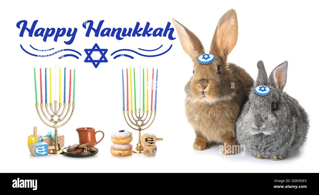 Greeting card for Happy Hannukah with funny Jewish rabbits Stock Photo -  Alamy