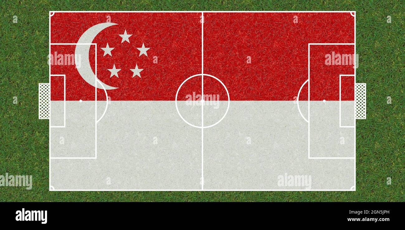 Top view of Green grass soccer field with flag of Singapore. football