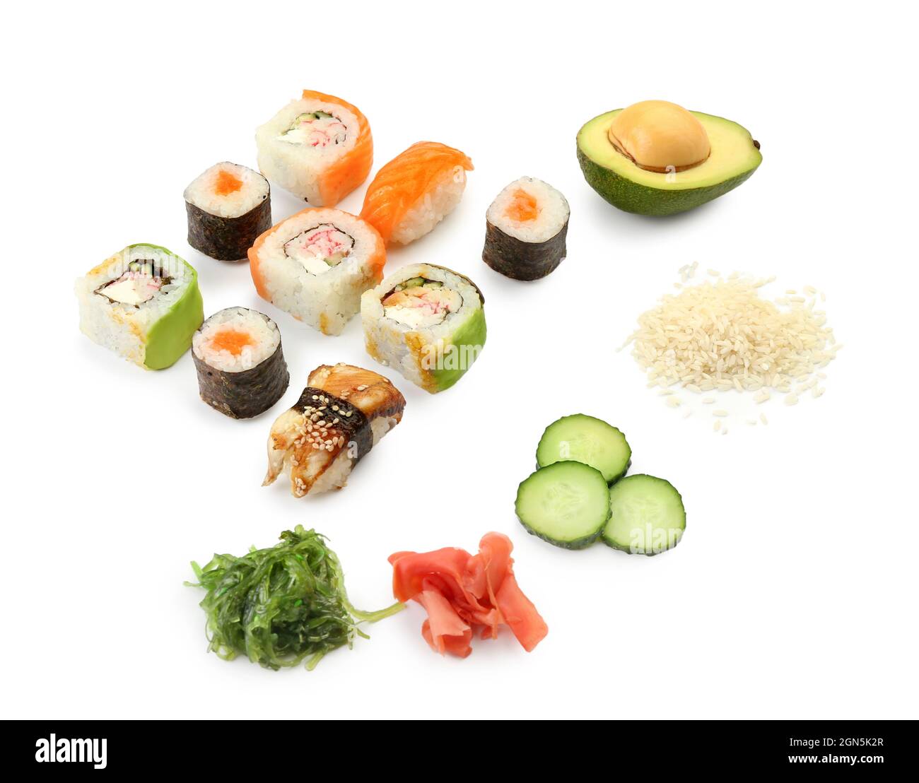 Different sushi, rolls and ingredients on white background Stock Photo