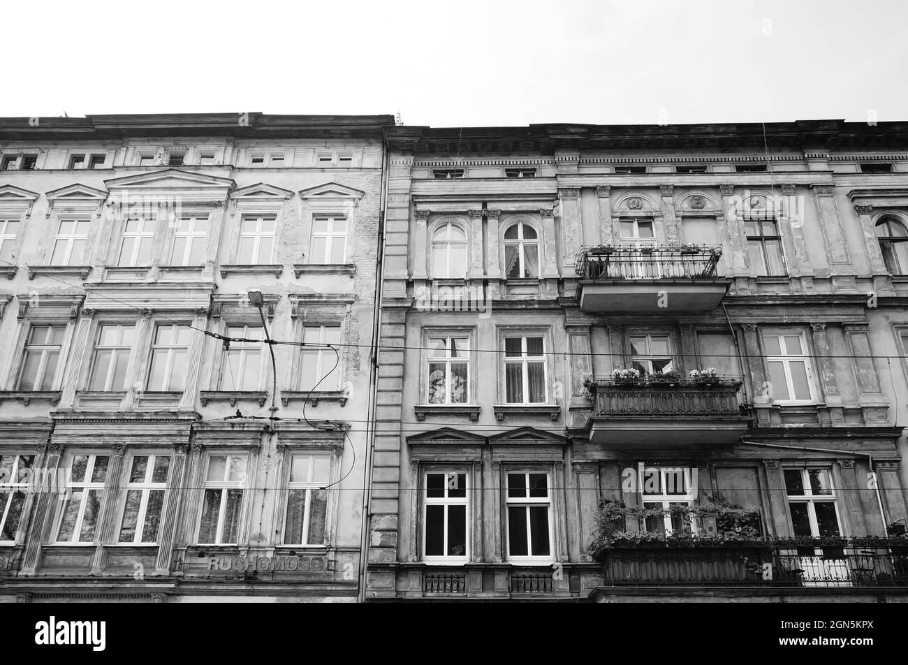 POZNAN, POLAND - May 22, 2017: A grayscale shot of a high apartment building in Poznan, Poland Stock Photo
