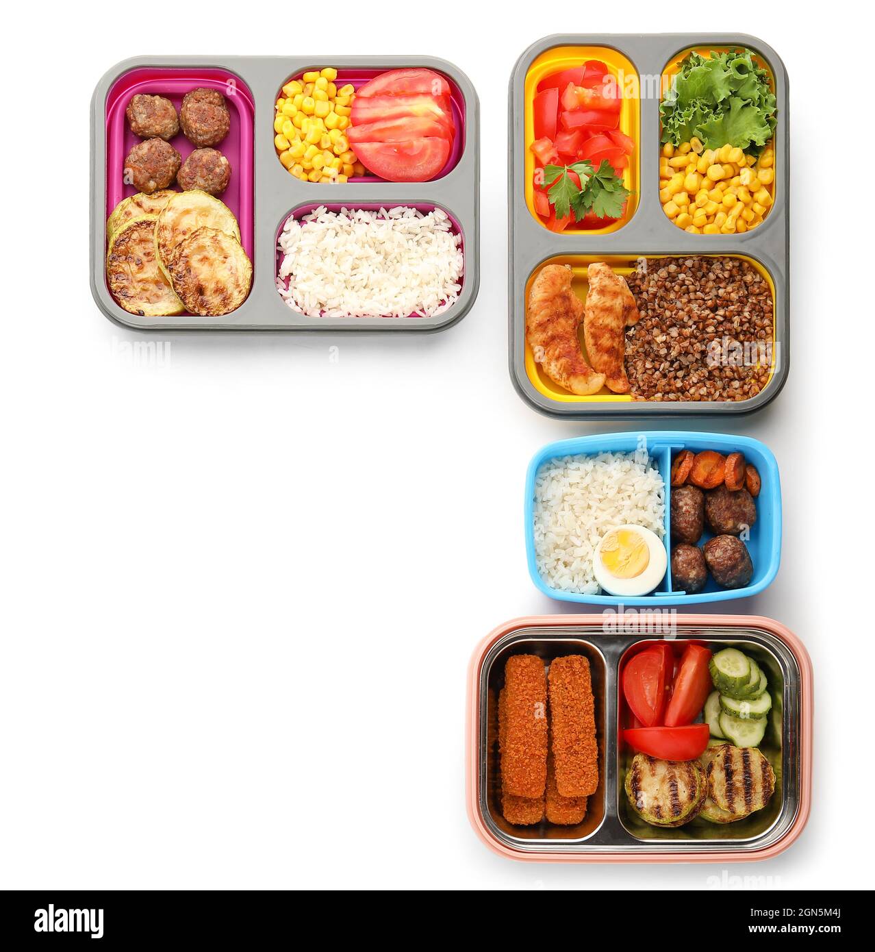 Containers with various natural and healthy food on white