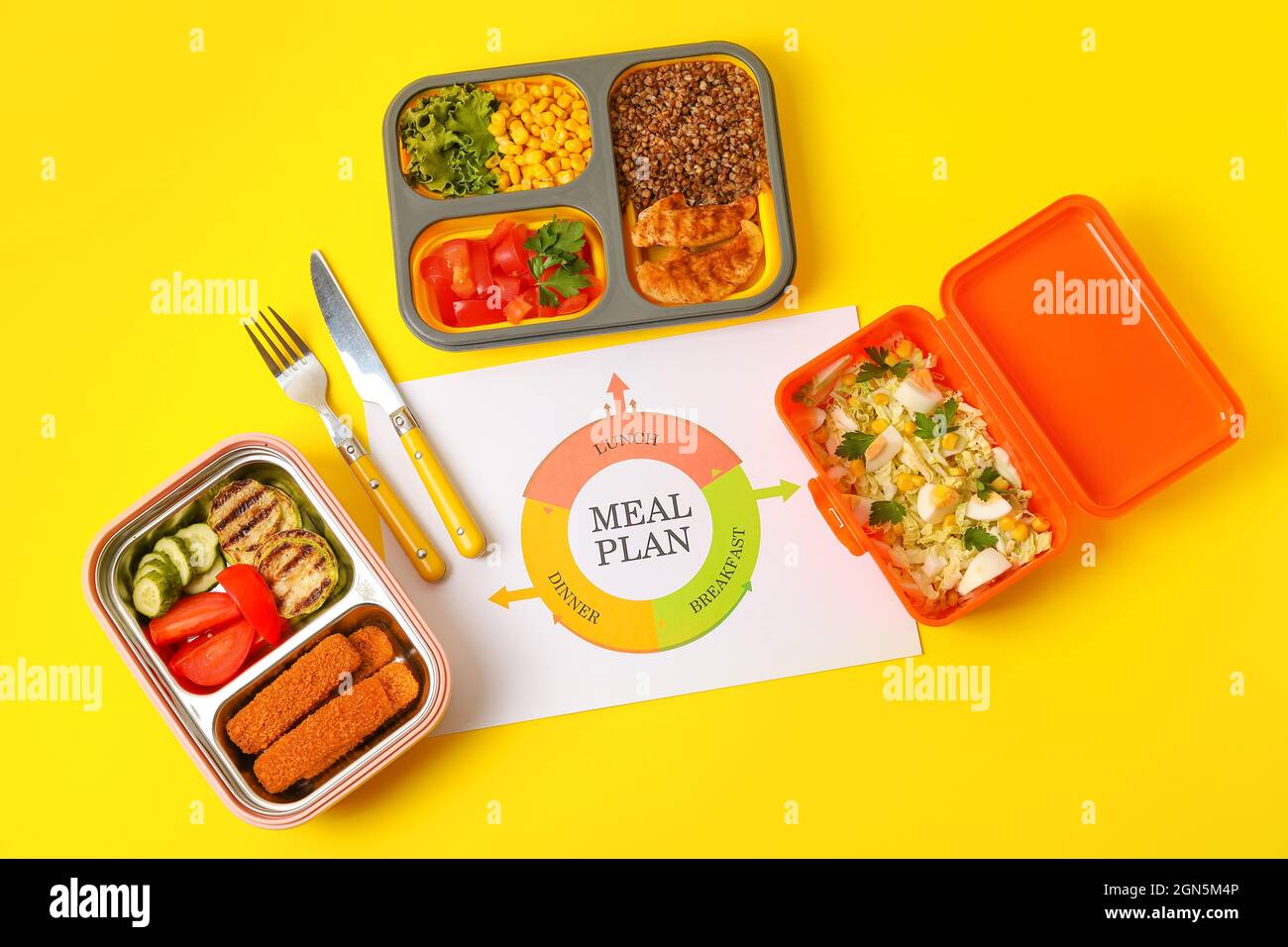 Food Container Plan Containers with food, cutlery and paper with text MEAL PLAN on yellow ...