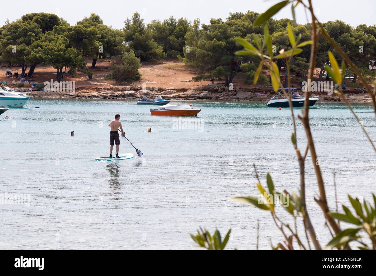 Kosirina, Murter, Croatia - August 24, 2021: People paddling on stand up boards and swimming and boats moored in a calm bay and pine trees beach Stock Photo