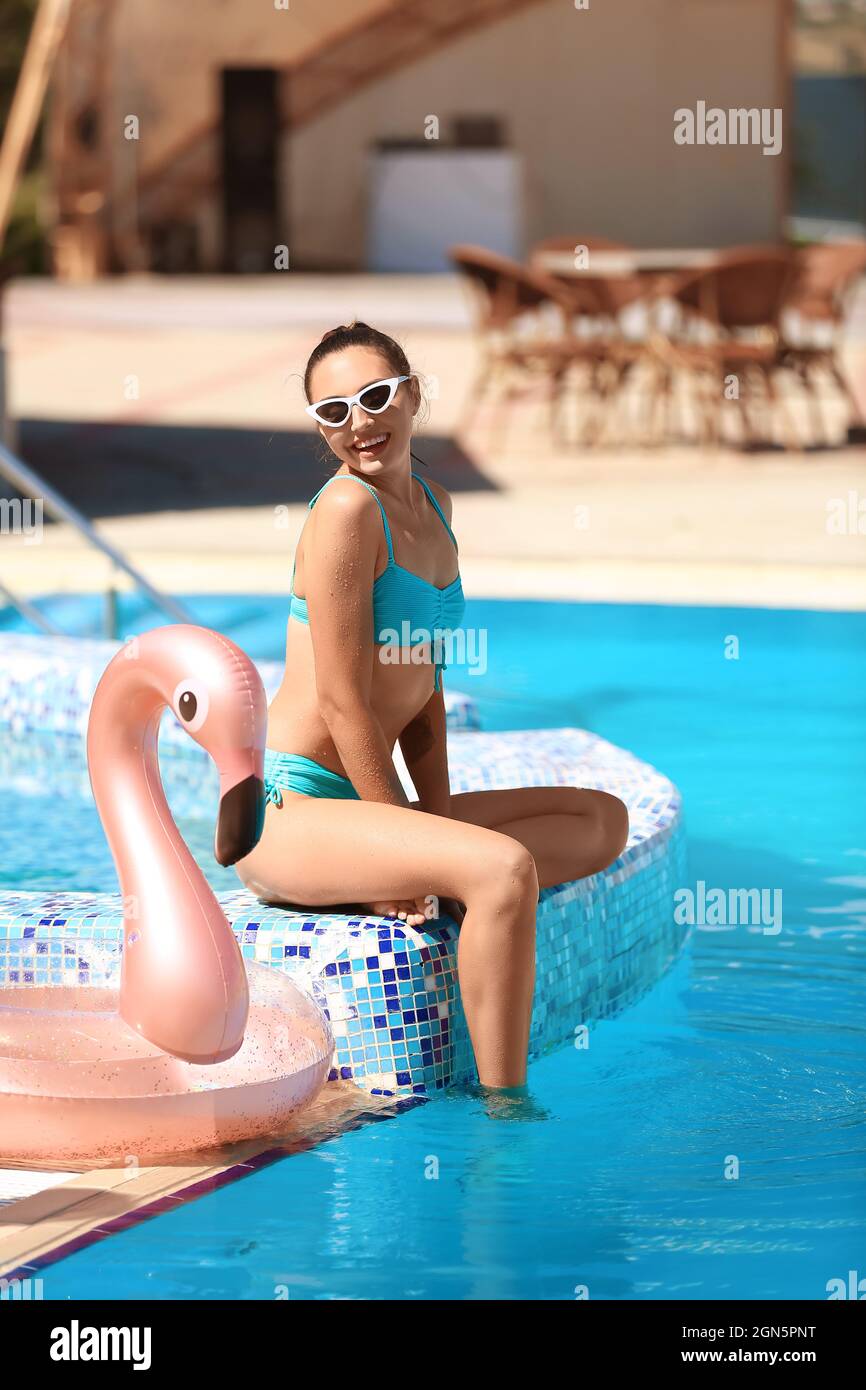 Beautiful Young Woman Near Swimming Pool Stock Photo Alamy