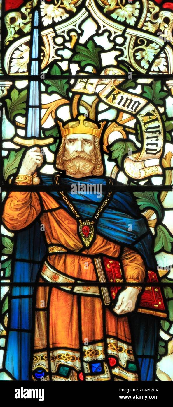 King Alfred the Great, of Wessex, King of West Saxons, King of Anglo Saxons, 9th century, Saxon King, stained glass, Blakeney church, Norfolk, England Stock Photo